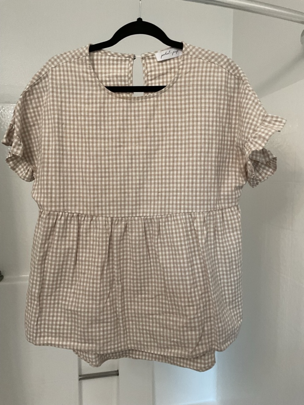 Petal & Pup Beige and White Gingham Short Sleeve Peplum Blouse